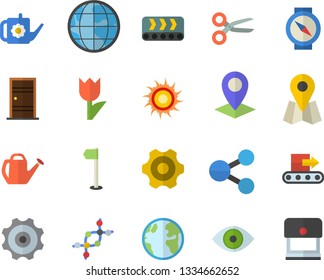 Color flat icon set cogwheel flat vector, Entrance door, watering can, tulip, earth, conveyor, location, molecules, eye, dna, sports flag, sun fector, compass, scissors, stamp