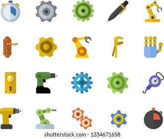 Color flat icon set cogwheel flat vector, tool, drill screwdriver, door lock, spring balance, robotics, pen, robot hand, industrial, stopwatch