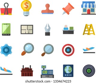 Color flat icon set cogwheel flat vector, ladder, house layout, plant, store front, magnifier, idea, cash machine, ink pen, office worker, pushpin, target, passport fector, arrival, departure, stamp