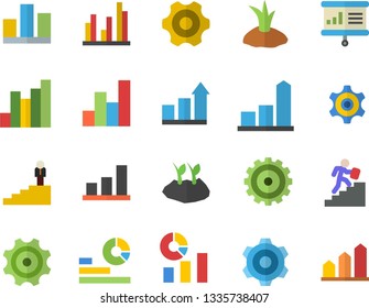 Color flat icon set cogwheel flat vector, planting plants, chart, statistics, statistic, career ladder, presentaition board, achievement