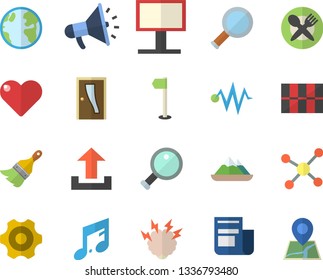 Color flat icon set cogwheel flat vector, paint brush, Entrance door, tile, earth, billboard, news, mouthpiece, molecule, brainstorm, magnifier, electric discharge fector, sports flag, table setting
