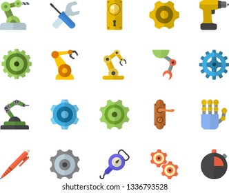 Color flat icon set cogwheel flat vector, tool, drill screwdriver, door lock, spring balance, robotics, pen, robot hand, industrial, stopwatch