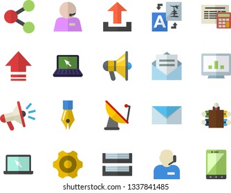 Color flat icon set cogwheel flat vector, calculator, satellite antenna, molecules, mouthpiece, computer chart, ink pen, phone operator, meeting, paper tray, laptop, mail, upload, translate, message