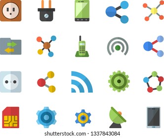 Color flat icon set cogwheel flat vector, sockets, socket, plug, satellite antenna, SIM card, molecules, telephone, molecule, share, broadcast, file sharing, mobile