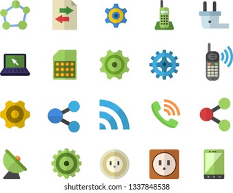Color flat icon set cogwheel flat vector, sockets, socket, plug, satellite antenna, SIM card, molecules, phone call, telephone, laptop, molecule, broadcast, file sharing, mobile