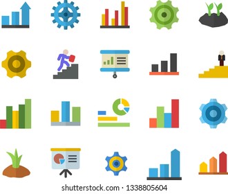 Color flat icon set cogwheel flat vector, planting plants, chart, statistics, statistic, career ladder, presentaition board, achievement