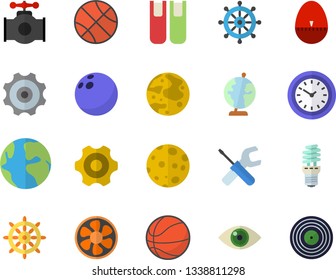 Color flat icon set cogwheel flat vector, tool, kitchen egg timer, ventilation, main pipeline, energy saving lamp, earth, clock, book, moon, globe, bowling ball, basketball, steering wheel fector