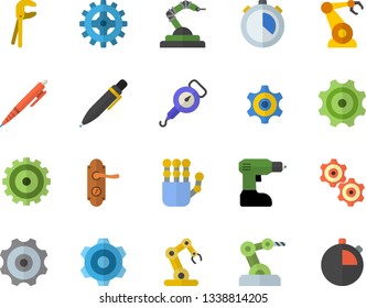 Color flat icon set cogwheel flat vector, tool, drill screwdriver, door lock, spring balance, robotics, pen, robot hand, industrial, stopwatch