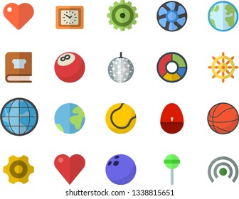 Color flat icon set cogwheel flat vector, kitchen egg timer, cookbook, lollipop, ventilation, earth, clock, heart, clircle diagram, bowling ball, basketball, tennis, fector, disco, steering wheel