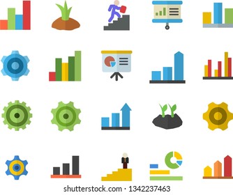 Color flat icon set cogwheel flat vector, planting plants, chart, statistics, statistic, career ladder, presentaition board, achievement