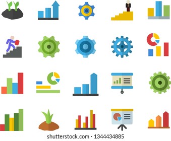 Color flat icon set cogwheel flat vector, planting plants, chart, statistics, statistic, career ladder, presentaition board, achievement