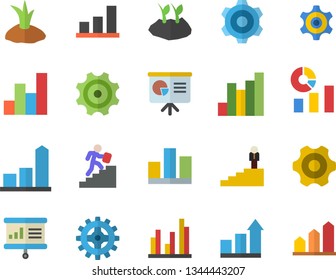 Color flat icon set cogwheel flat vector, planting plants, chart, statistics, statistic, career ladder, presentaition board, achievement