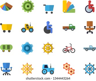 Color flat icon set cogwheel flat vector, color scheme, pickup truck, tractor, grocery trolley, disabled, office chair, skateboard, bicycle fector, steering wheel