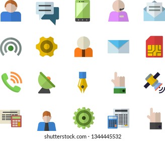 Color flat icon set cogwheel flat vector, calculator, satellite antenna, SIM card, person, phone call, chat, ink pen, operator, mail, satellit, broadcast, message, mobile, user, indicate