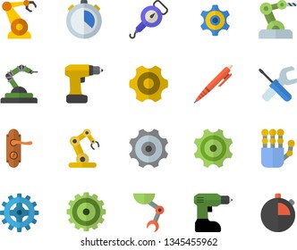 Color flat icon set cogwheel flat vector, tool, drill screwdriver, door lock, spring balance, robotics, pen, robot hand, industrial, stopwatch