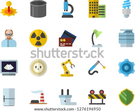 Color flat icon set cogwheel flat vector, skyscraper, barrier, fridge, factory, socket, plug, radiation, laser, pipe production, welding, ultrasound, reading lamp, copy machine, microscope, security