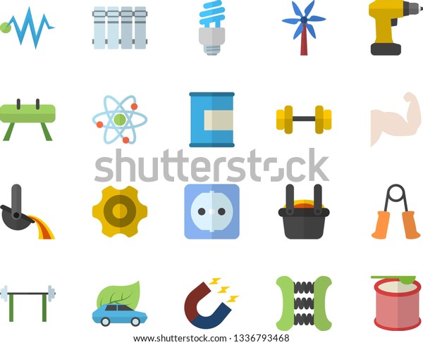 Color flat icon set cogwheel flat vector, drill\
screwdriver, sockets, heating batteries, windmill, eco cars,\
magnet, metallurgy, atom, energy saving lamp fector, electric\
discharge, dumbbell