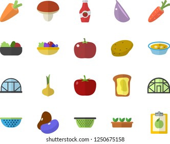 Color flat icon set colander flat vector, mushroom, potato, tomato, legumes, onion, carrot, salad, soup, garlic, ketchup, sandwich, seedlings, greenhouse, diet