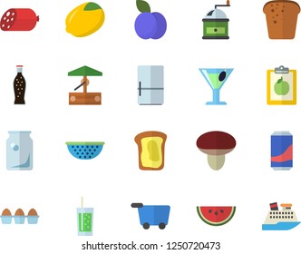 Color flat icon set colander flat vector, coffee grinder, fridge, lemon, sausage, egg, bread, watermelon, lemonade, cocktail, soda, plum, sandwich, mushroom, well, glass bottles, diet, cruise ship