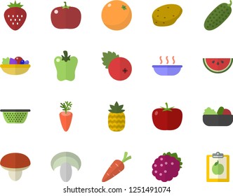 Color flat icon set colander flat vector, mushroom, potato, tomato, watermelon, salad, soup, carrot, bell pepper, cucumber, cranberry, Strawberry, blackberry, pineapple, orange, diet
