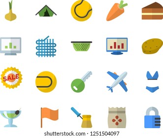 Color flat icon set colander flat vector, turk, potato, onion, carrot, piece of cake, seeds, fabric manufacture, flag, sell out, computer chart, tennis ball, swimsuit, aircraft fector, tent, key