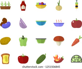 Color flat icon set colander flat vector, mushroom, potato, tomato, ketchup, legumes, salad, soup, garlic, onion, bell pepper, hot peppers, cucumber, canape, sandwich, carrot, seedlings, greenhouse