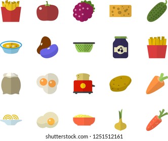 Color flat icon set colander flat vector, toaster, flour, potato, legumes, onion, carrot, cheese, spaghetti, soup, porridge, tomato, cucumber, French fries, scrambled eggs, jam, blackberry