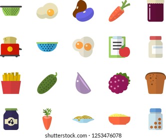 Color flat icon set colander flat vector, toaster, legumes, bread, spaghetti, porridge, carrot, garlic, cucumber, French fries, scrambled eggs, jam, blackberry, diet, vitamins
