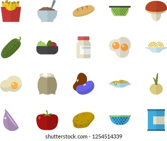 Color flat icon set colander flat vector, flour, mushroom, potato, tomato, legumes, bread, spaghetti, salad, porridge, garlic, onion, cucumber, French fries, scrambled eggs, vitamins, proteins
