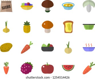 Color flat icon set colander flat vector, potato, onion, watermelon, mushroom, salad, soup, carrot, tomato, blackberry, pineapple, sandwich, seeds