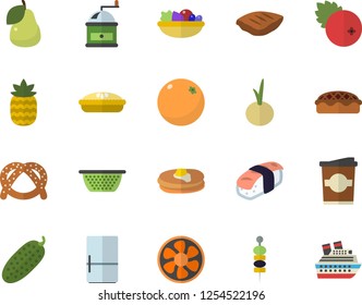 Color flat icon set colander flat vector, coffee grinder, fridge, pancakes, bagel, salad, pie, chop, onion, cucumber, sashimi, coffe, cranberry, pineapple, pear, canape, orange, ventilation