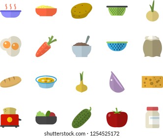 Color flat icon set colander flat vector, toaster, flour, potato, tomato, onion, cheese, bread, salad, soup, porridge, garlic, cucumber, scrambled eggs, carrot, vitamins