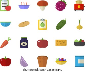 Color flat icon set colander flat vector, toaster, mushroom, tomato, onion, cheese, bread, salad, soup, garlic, cucumber, jam, blackberry, carrot, diet, proteins
