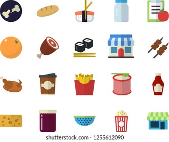 Color flat icon set colander flat vector, glass jar, ketchup, cheese, bread, chicken, ham, shashlik, French fries, fish rolls, sashimi, popcorn, coffe, jam, orange, store front, bone fracture, diet