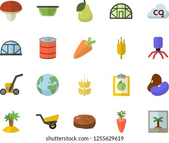 Color flat icon set colander flat vector, mushroom, legumes, carrot, canned food, cutlet, pear, ear, garden wheelbarrow, lawn mower, greenhouse, carbon dioxide, virus, diet, earth fector, island