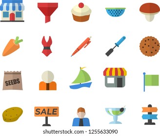Color flat icon set colander flat vector, kitchen spatula, mushroom, potato, carrot, cupcake, biscuit, seeds, store front, funnel, person, flag, sell out, sailboat, pen, swimsuit, cocktail fector