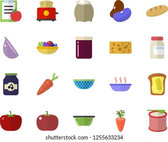 Color flat icon set colander flat vector, toaster, flour, tomato, legumes, cheese, bread, salad, soup, carrot, garlic, jam, sandwich, diet, vitamins, steroids