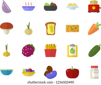 Color flat icon set colander flat vector, toaster, mushroom, tomato, legumes, onion, carrot, cheese, spaghetti, salad, soup, garlic, cucumber, French fries, blackberry, sandwich, diet, vitamins