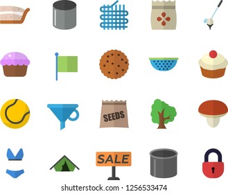 Color flat icon set colander flat vector, mushroom, cupcake, piece of cake, biscuit, seeds, tree, fabric manufacture, pipe production, funnel, flag, sell out, tennis ball, swimsuit, tent fector