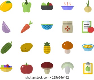 Color flat icon set colander flat vector, potato, lemon, mushroom, salad, soup, garlic, onion, bell pepper, tomato, cucumber, pineapple, seeds, carrot, diet