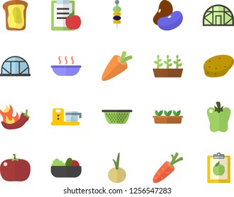 Color flat icon set colander flat vector, food processor, potato, legumes, carrot, salad, soup, onion, bell pepper, hot peppers, tomato, canape, sandwich, seedlings, greenhouse, diet