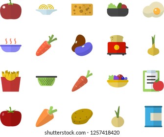 Color flat icon set colander flat vector, toaster, potato, tomato, legumes, onion, carrot, cheese, spaghetti, salad, soup, French fries, scrambled eggs, diet, proteins