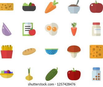 Color flat icon set colander flat vector, mushroom, tomato, onion, carrot, cheese, bread, salad, porridge, garlic, cucumber, French fries, scrambled eggs, diet, vitamins