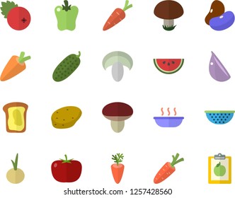 Color flat icon set colander flat vector, potato, tomato, legumes, carrot, watermelon, mushroom, soup, garlic, onion, bell pepper, cucumber, cranberry, sandwich, diet
