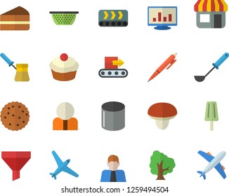 Color flat icon set colander flat vector, ladle, turk, mushroom, cupcake, piece of cake, ice cream, biscuit, tree, conveyor, pipe production, store front, funnel, person, computer chart, pen