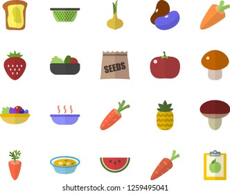Color flat icon set colander flat vector, legumes, onion, carrot, watermelon, mushroom, salad, soup, tomato, Strawberry, pineapple, sandwich, seeds, diet