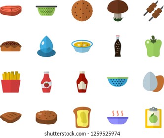 Color flat icon set colander flat vector, chop, ketchup, biscuit, egg, soup, pie, shashlik, cutlet, bell pepper, French fries, lemonade, sandwich, mushroom, drop, diet