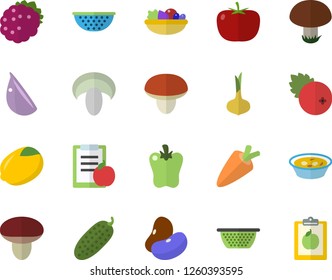 Color flat icon set colander flat vector, mushroom, tomato, legumes, lemon, onion, carrot, salad, soup, garlic, bell pepper, cucumber, cranberry, blackberry, diet