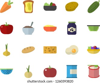 Color flat icon set colander flat vector, potato, tomato, onion, carrot, cheese, bread, salad, porridge, cucumber, scrambled eggs, jam, sandwich, proteins, steroids