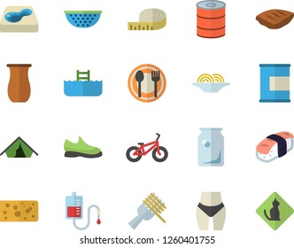 Color flat icon set colander flat vector, table setting, jugful, cheese, canned food, spaghetti on a fork, chop, sashimi, pool, glass bottles, blood transfusion, sneakers, centimeter, waistline